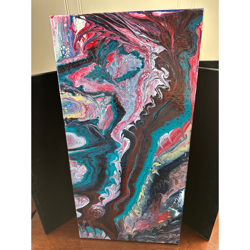 Original Abstract Acrylic Pour Painting on Canvas Vertical Teal Red Brown Art